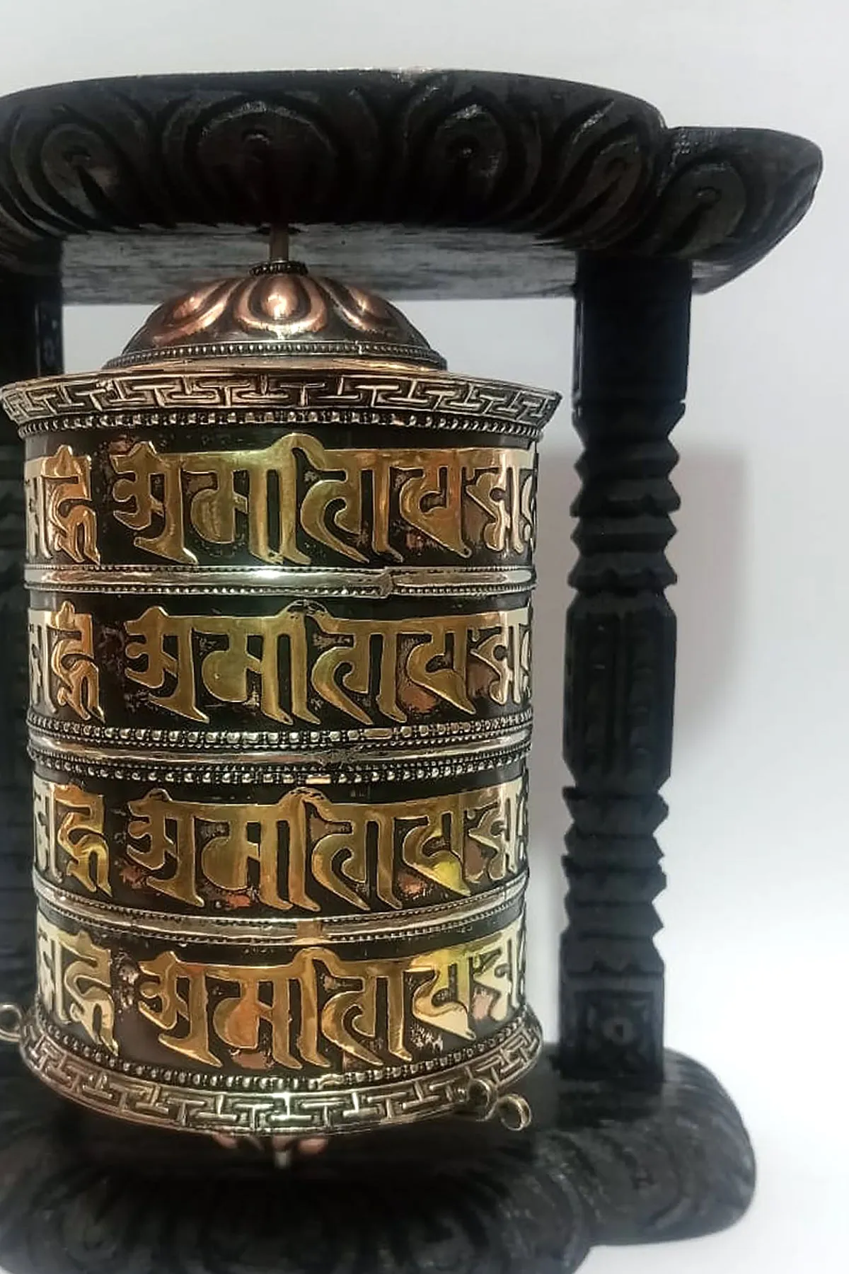 4 lines Om Mane peme hum Mantra copper Prayer Wheel in wooden frame