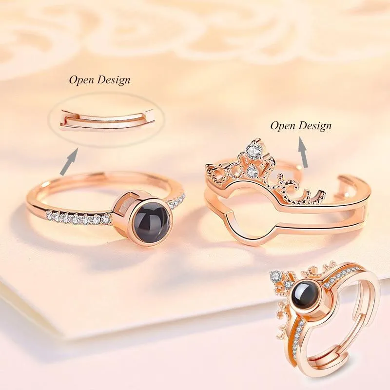 925 Sterling Silver New 100 Languages "I Love You" Memory Crown Couple Rings