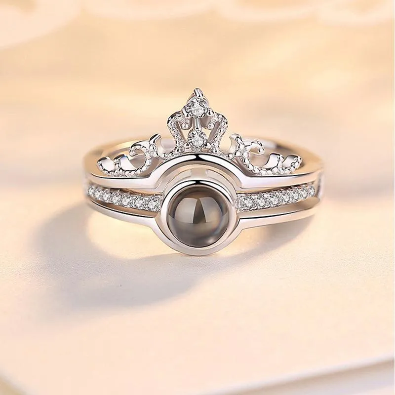 925 Sterling Silver New 100 Languages "I Love You" Memory Crown Couple Rings