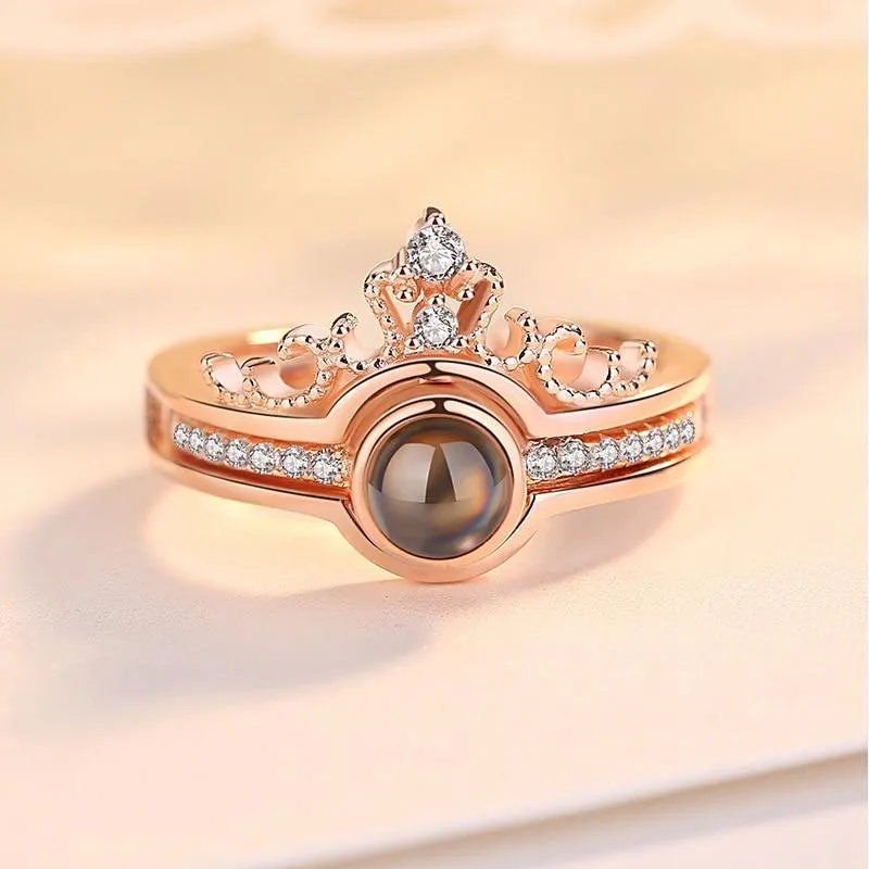 925 Sterling Silver New 100 Languages "I Love You" Memory Crown Couple Rings