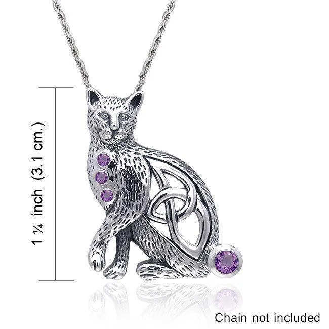 A regal mystery ~ Celtic Knotwork Cat Sterling Silver Pendant with Gemstones TPD332
