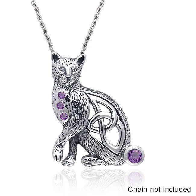 A regal mystery ~ Celtic Knotwork Cat Sterling Silver Pendant with Gemstones TPD332
