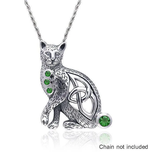 A regal mystery ~ Celtic Knotwork Cat Sterling Silver Pendant with Gemstones TPD332
