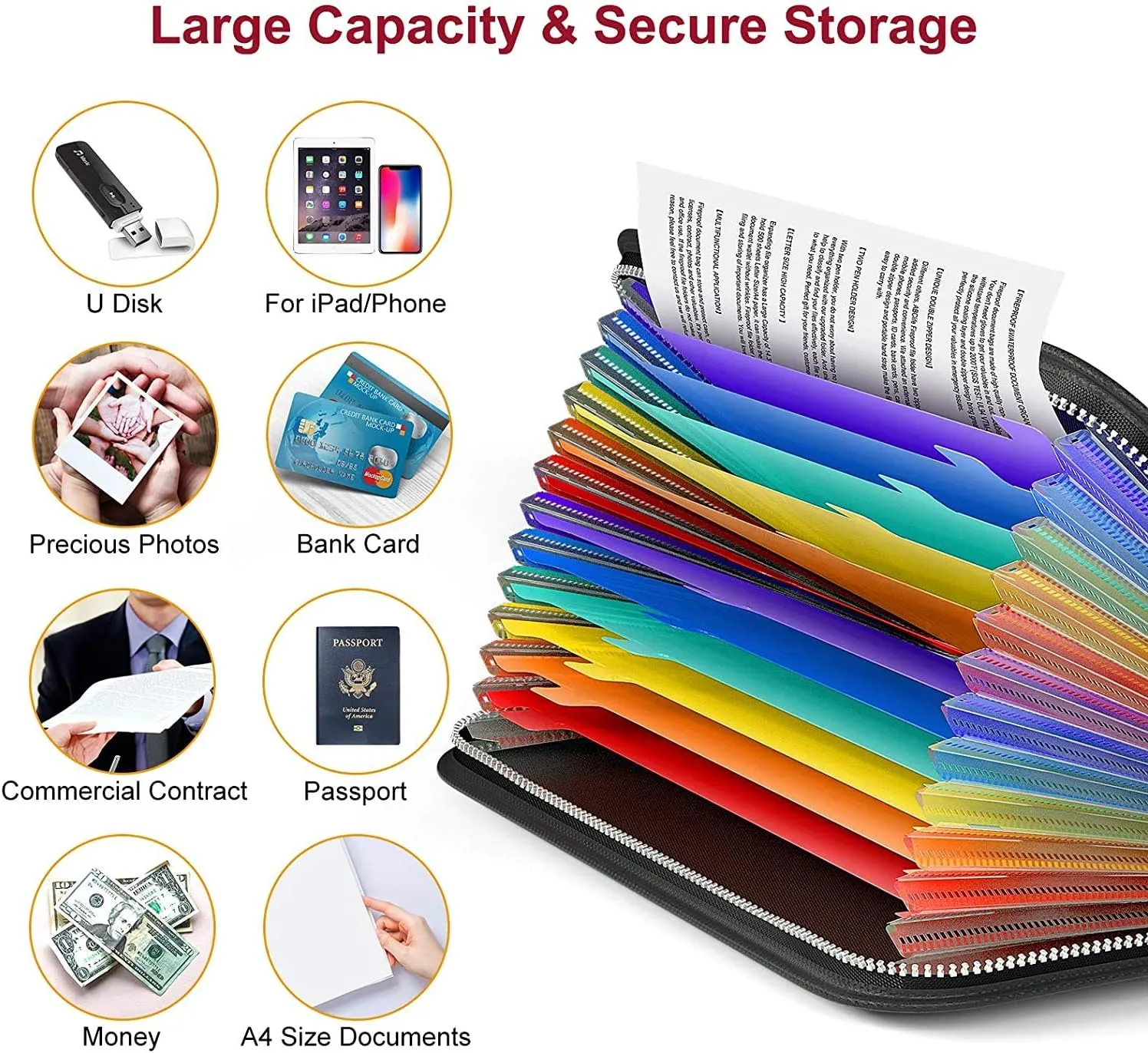 ABC life Fireproof File Folder Letter Size,Waterproof Important Paper Document Organizer,13 Pockets A4 Water Resistant Document Holder Money Briefcase,Silicone Coated Safe Storage Pouch with Zipper