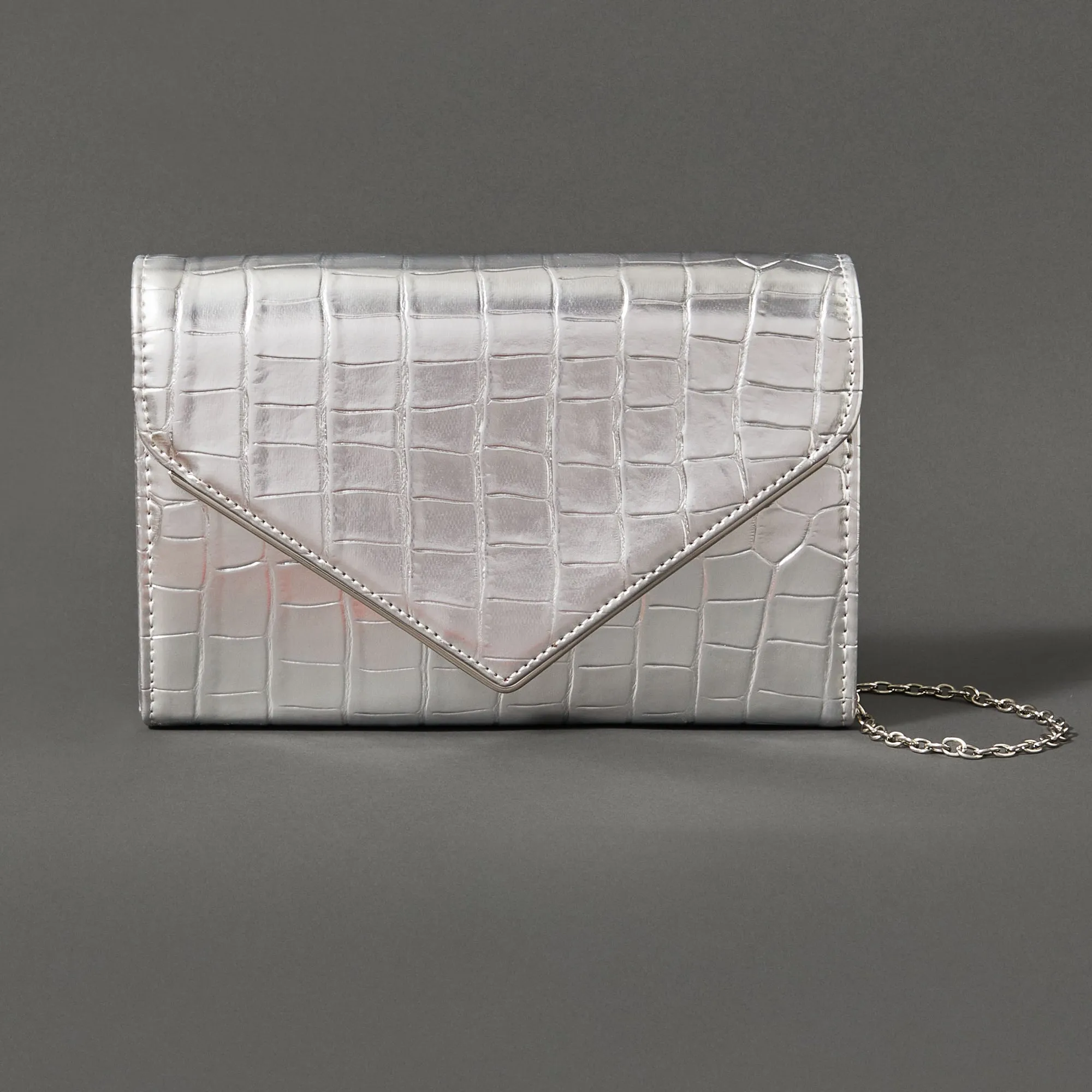 Accessorize London Women's Silver Milly Croc Clutch Bag