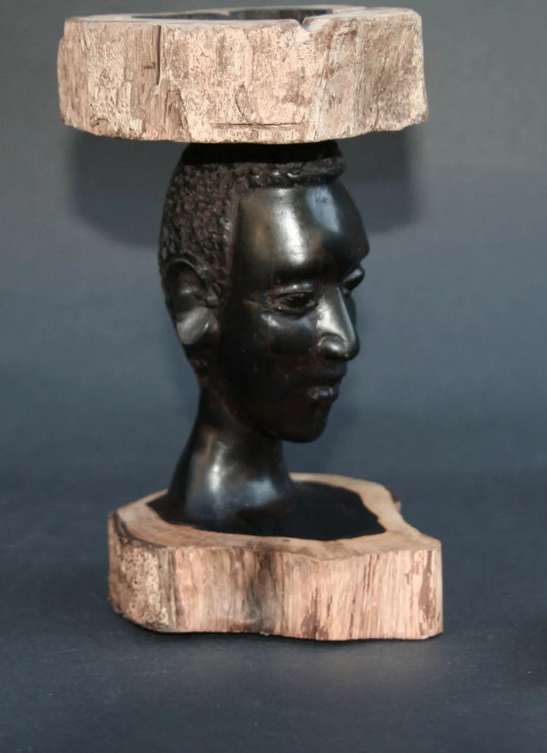 African Makonde Raw Ebony Wood Carved Sculpture Tribal Bust Ashtray - Tanzania