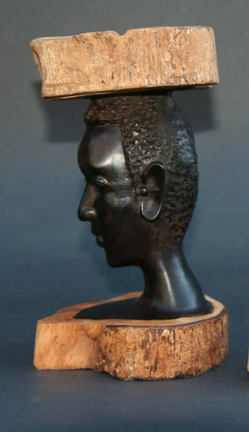 African Makonde Raw Ebony Wood Carved Sculpture Tribal Bust Ashtray - Tanzania