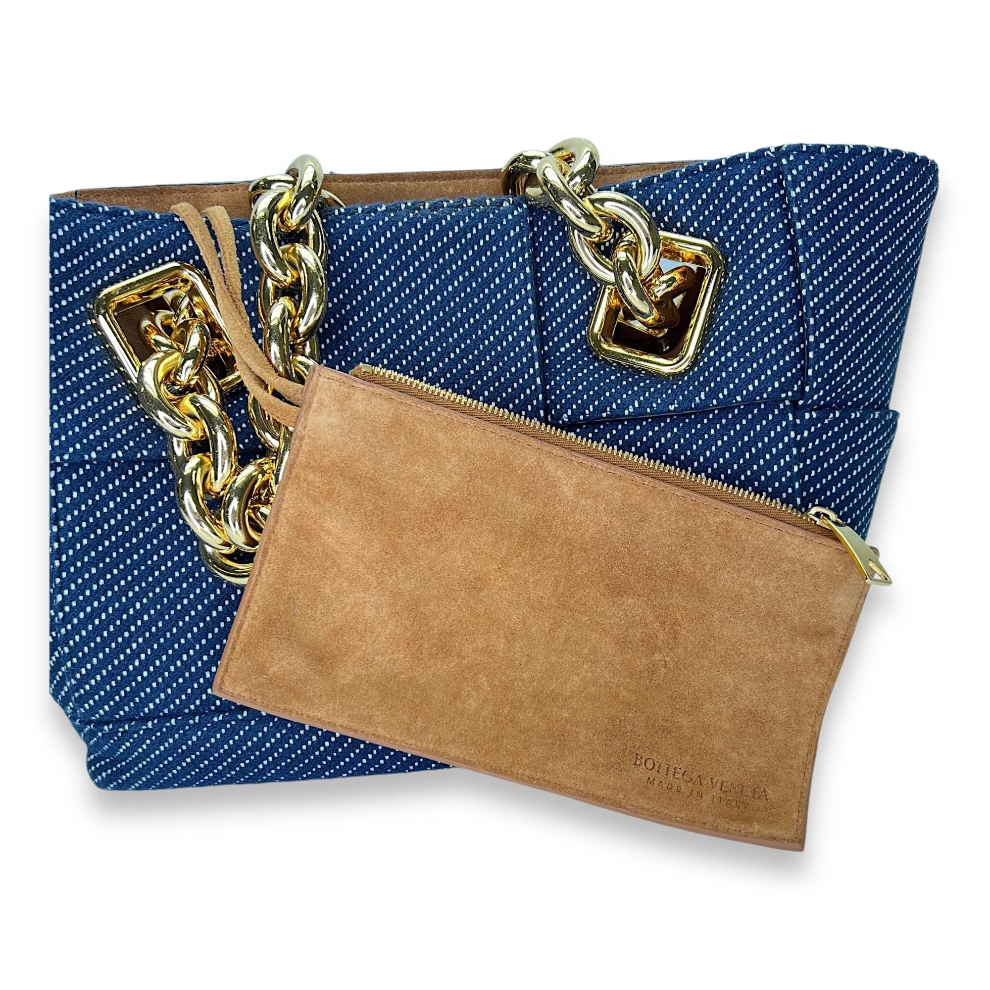 Arco Chain Blue Shoulder Bag in Denim, Gold hardware