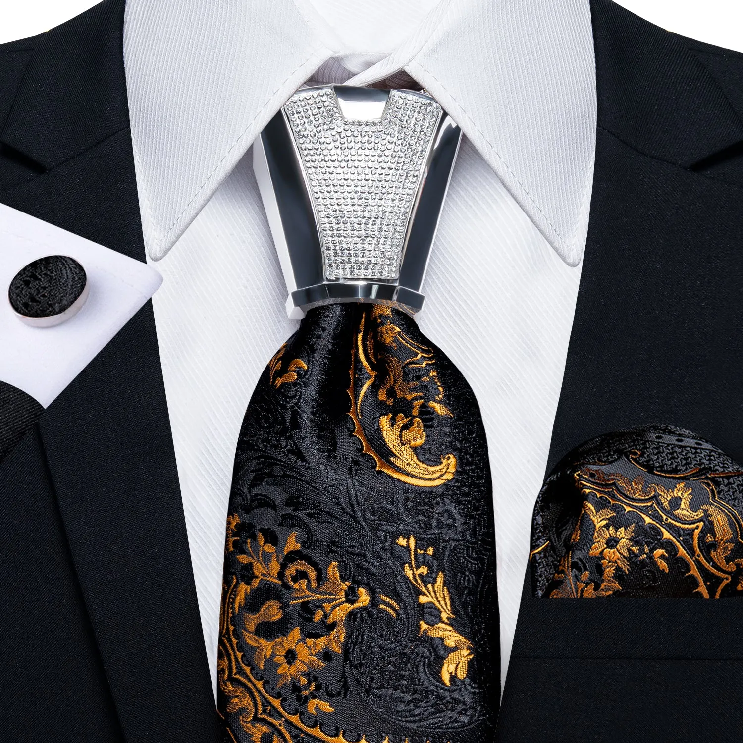 Black Golden Paisley Tie Pocket Square Cufflinks Set with Spacious Ring