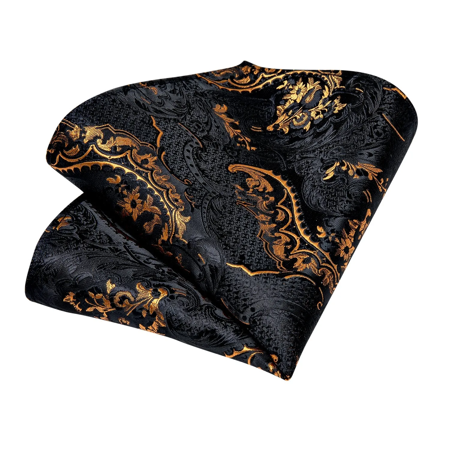 Black Golden Paisley Tie Pocket Square Cufflinks Set with Spacious Ring