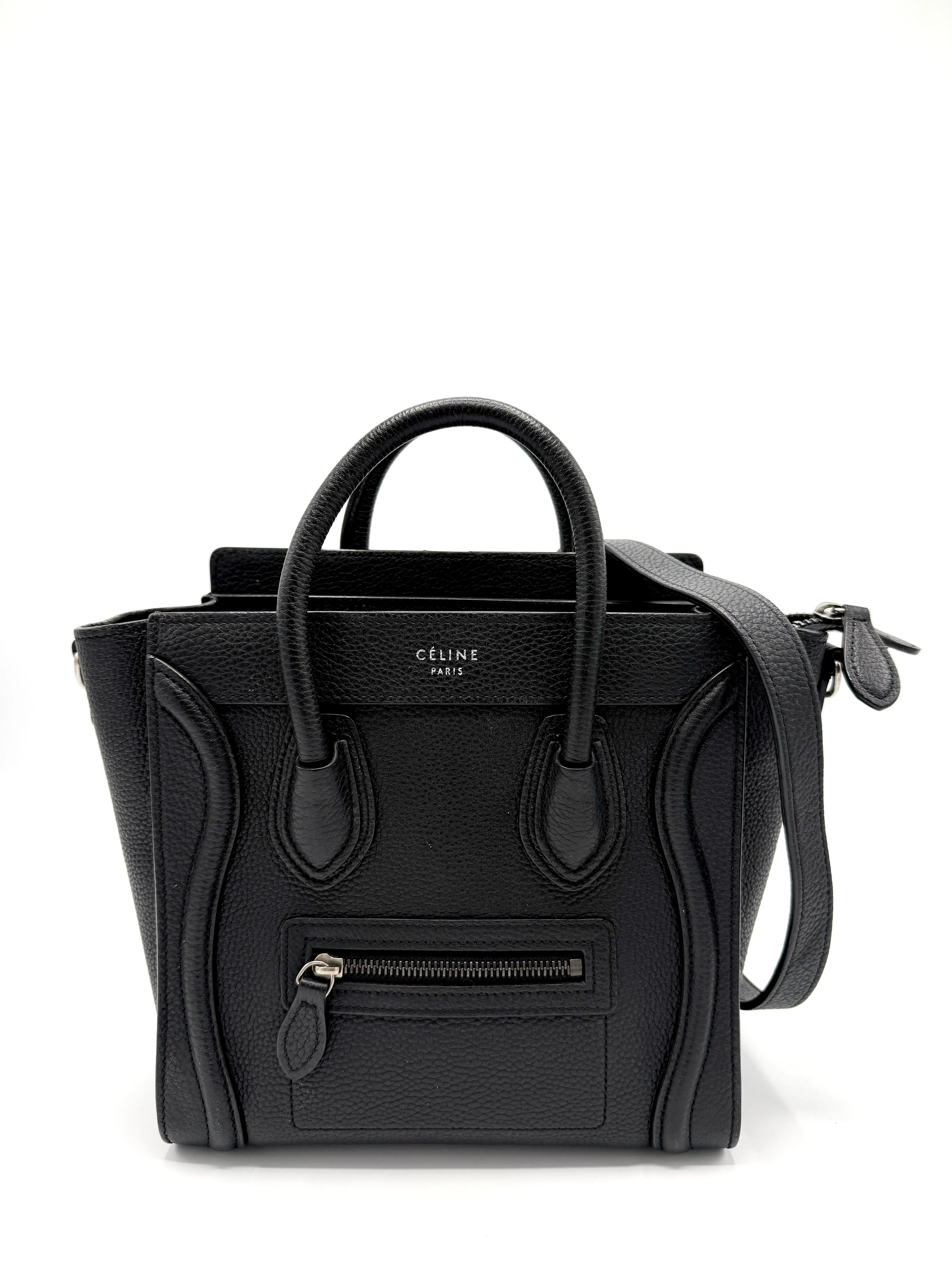 Black Pebbled Leather SHW Nano Luggage Tote