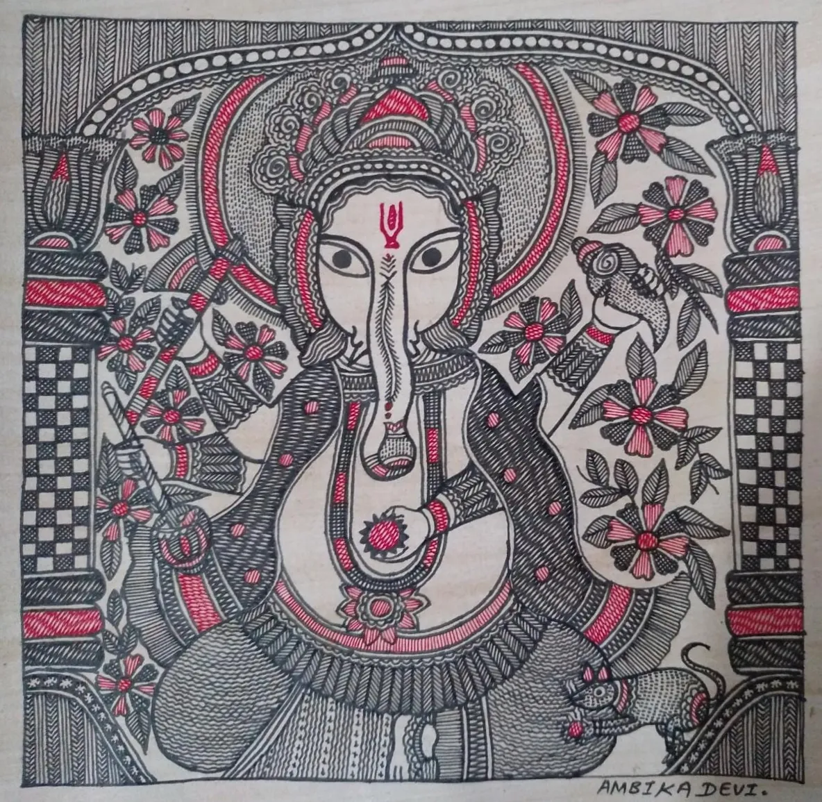Blossoming Ganesha Madhubani Painting By Ambika Devi