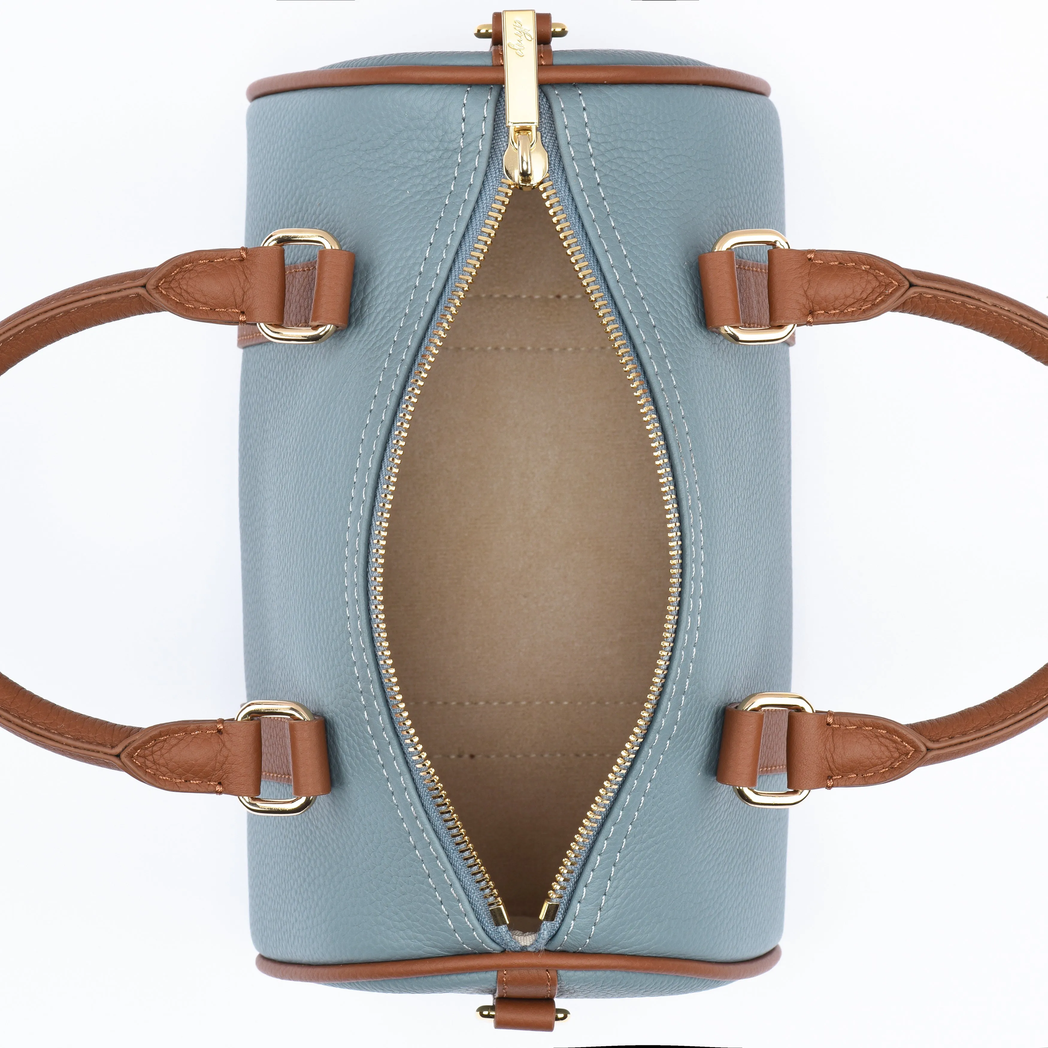 Blue / Brown Grained leather  - Mini Boston bag