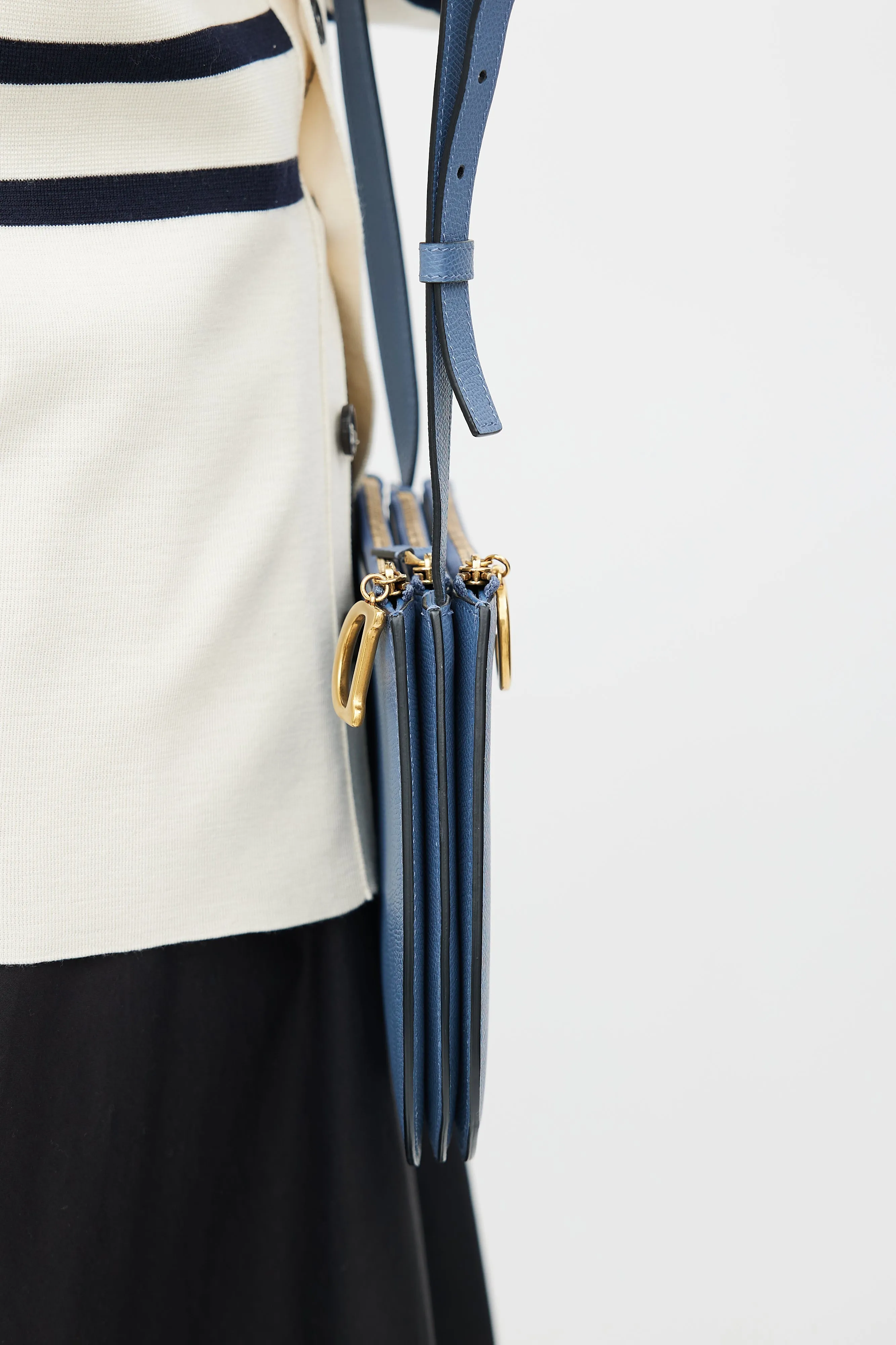 Blue Leather Saddle Triple Zip Crossbody Bag