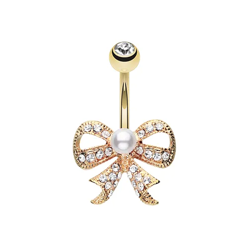 Bow Tie w/Pearl Belly Ring - Gold