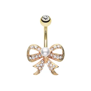 Bow Tie w/Pearl Belly Ring - Gold