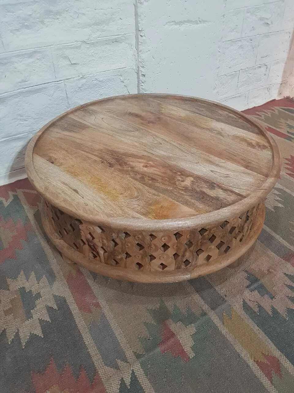 Bristol Wooden Carved Round Coffee Table Natural 80 x 80 x 30 cm
