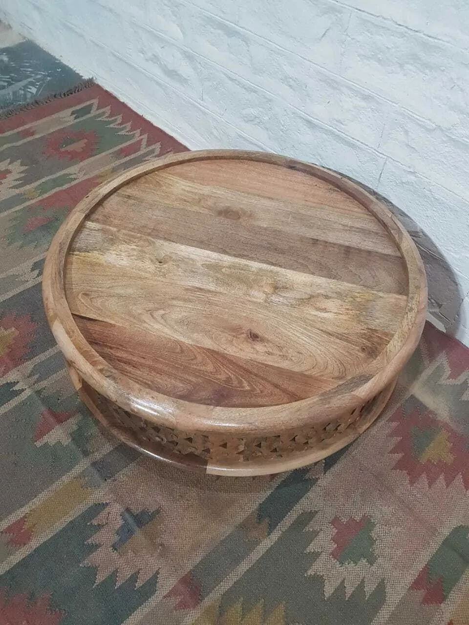 Bristol Wooden Carved Round Coffee Table Natural 80 x 80 x 30 cm