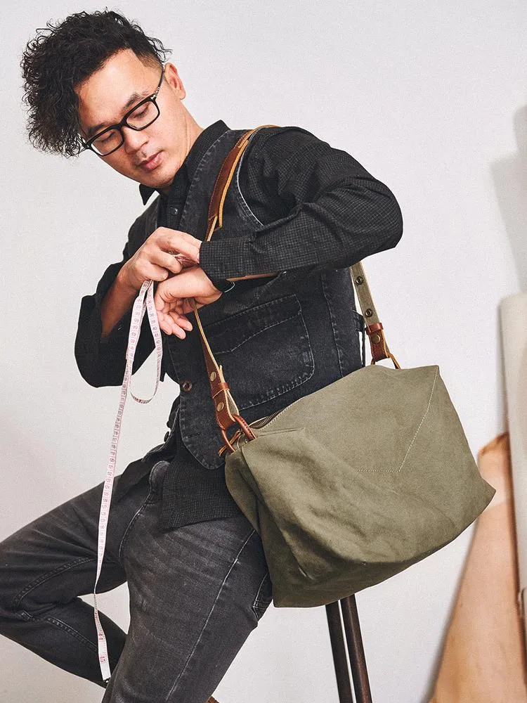 Canvas Cool Mens Green Side Bags Canvas Leather Messenger Bags Canvas Travel Courier Bag for Men