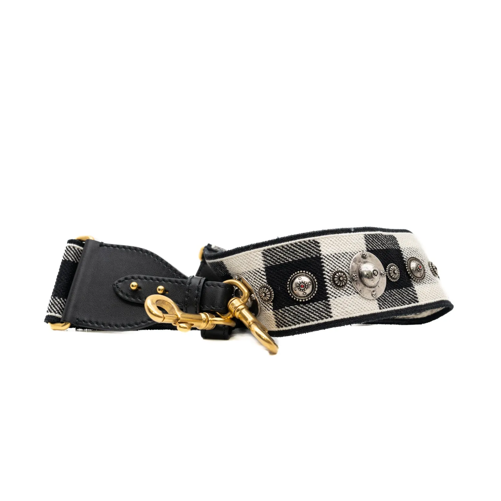 Canvas Embroidered Studded Checkered Shoulder Strap In White Black GHW