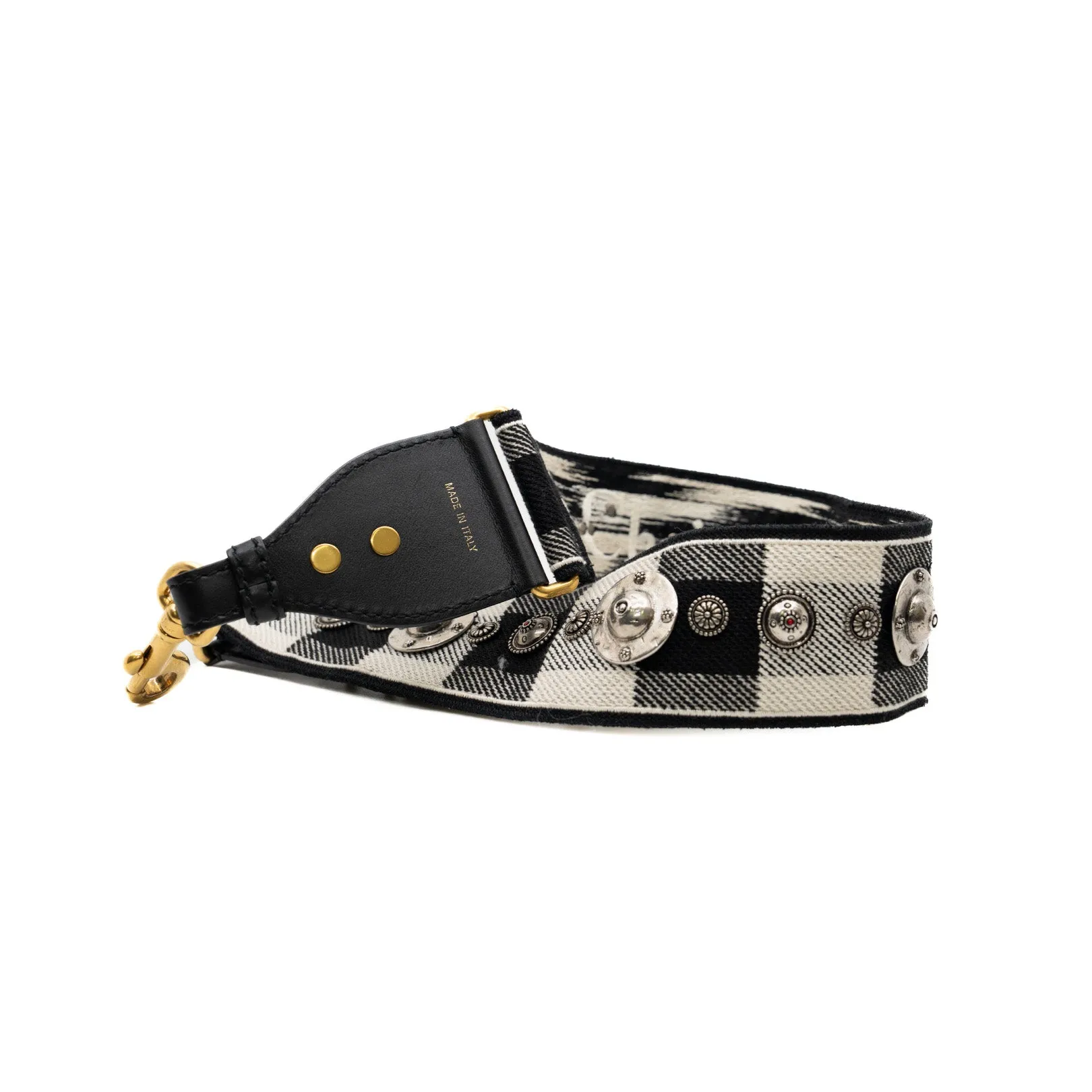 Canvas Embroidered Studded Checkered Shoulder Strap In White Black GHW
