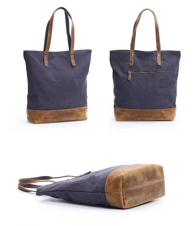 Canvas Leather Mens Womens 15" Gray Tote Bag Handbag Tote Bag Shoulder Bag Tote Purse For Men
