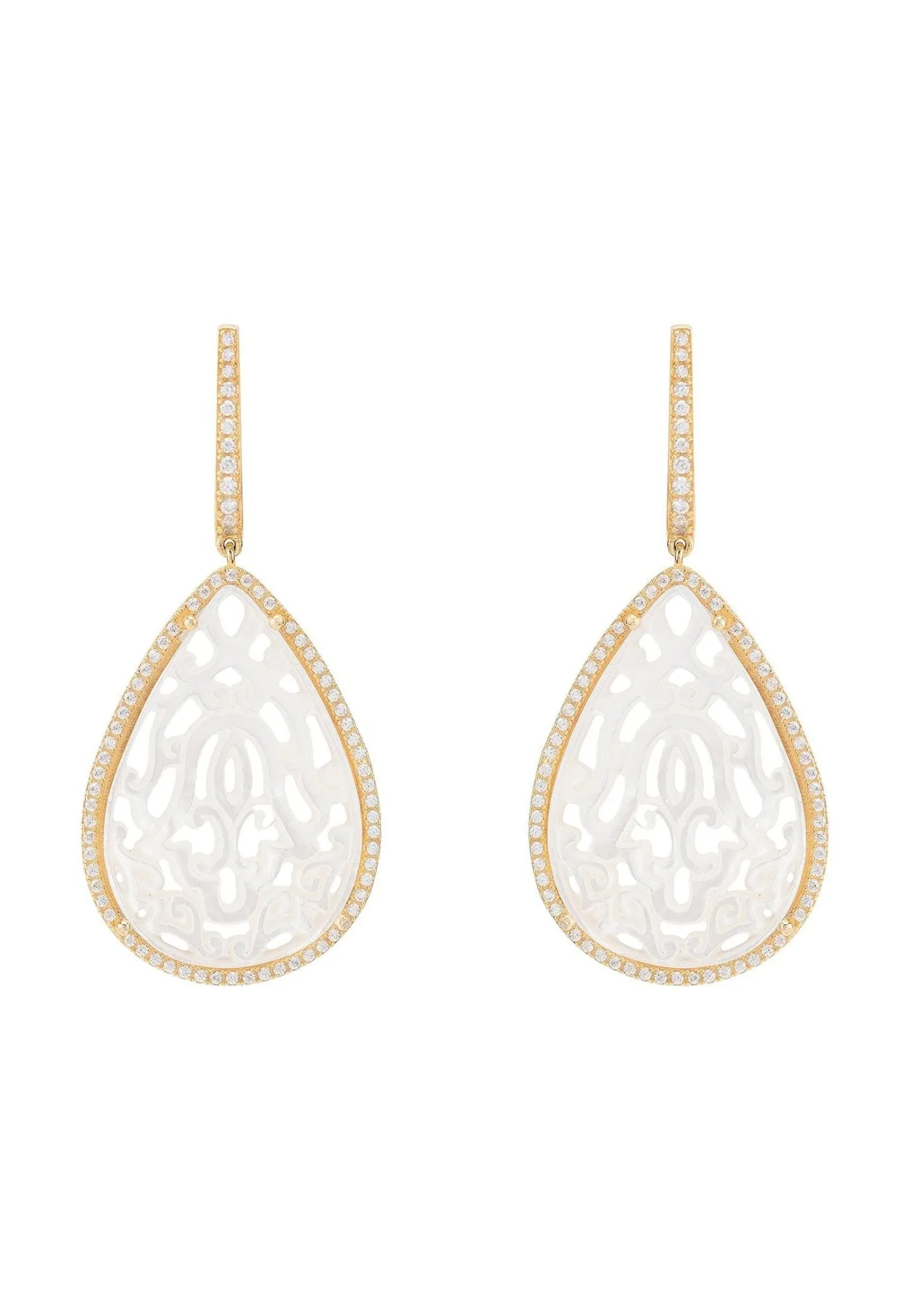 Carved Mother Of Pearl Drop Earrings Gold
