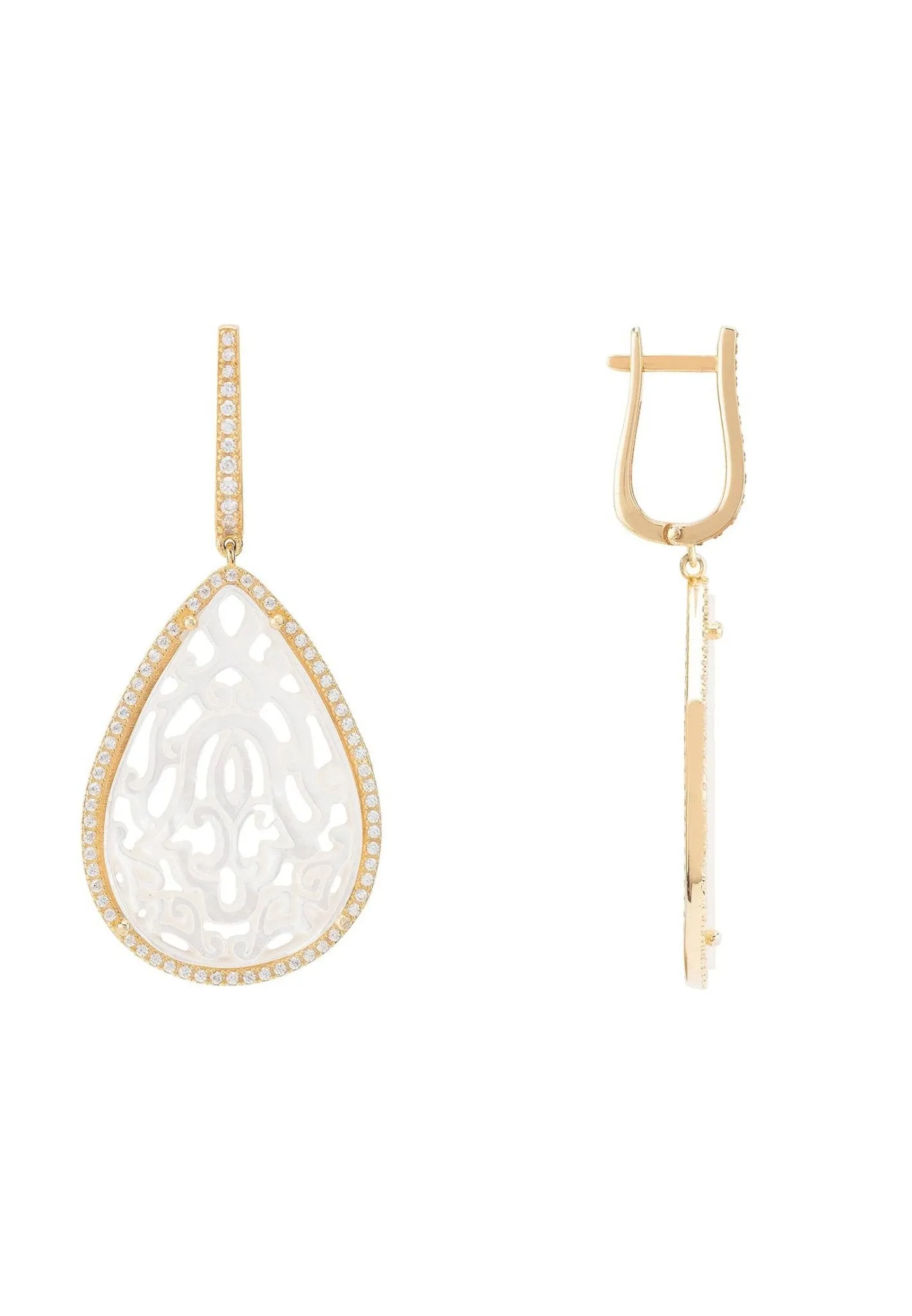 Carved Mother Of Pearl Drop Earrings Gold