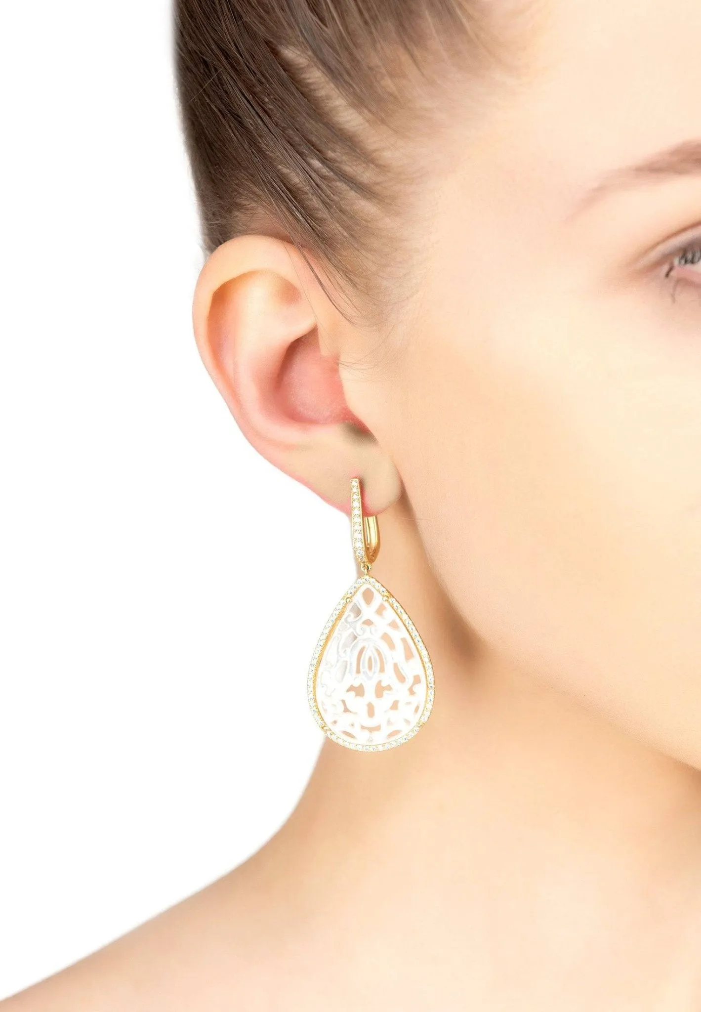 Carved Mother Of Pearl Drop Earrings Gold