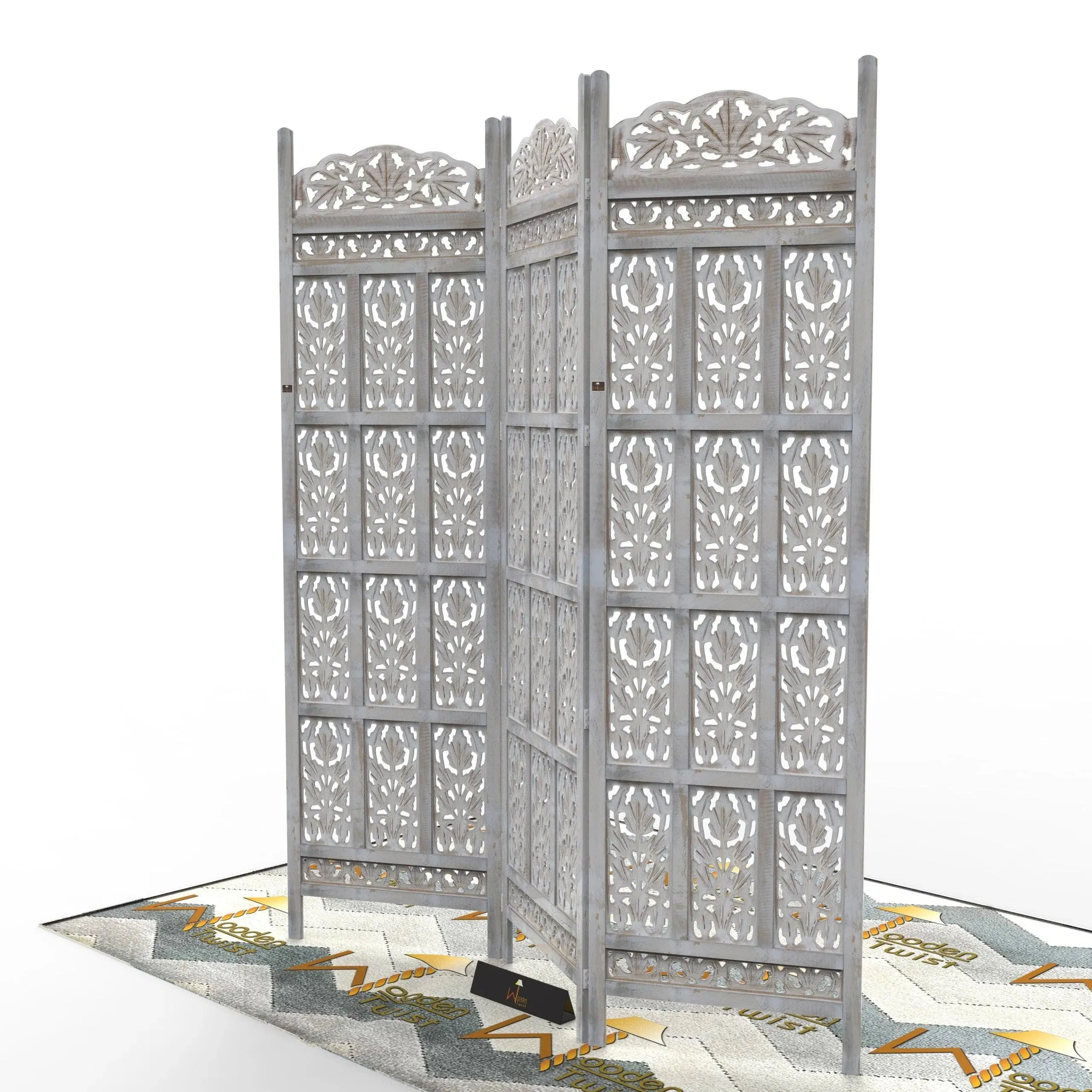 Carved Wood Room Divider Screen Antique White Wash Rustic Finish