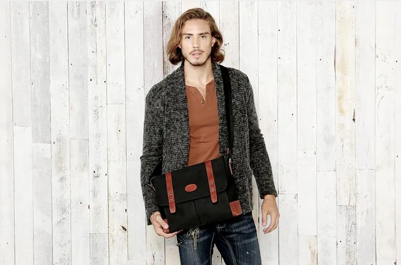 Casual Canvas Leather Mens Khaki Side Bag Messenger Bag Black Canvas Courier Bag for Men