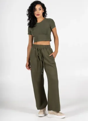 Charly Fleece Tie-Belt Wide Leg Pant | Olive