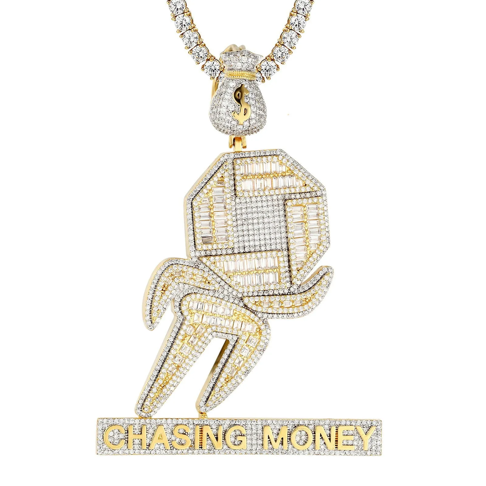 Chasing Money Dollar Bag Baguette Icy Tennis Chain Pendant