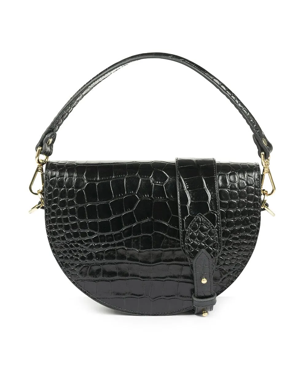Crocodile print Leather saddle bag - Black
