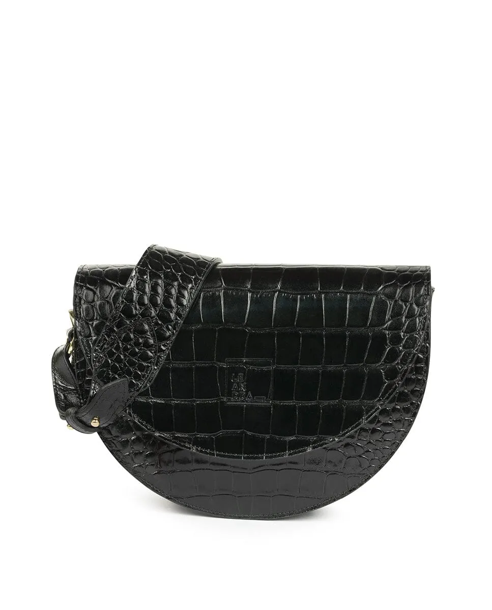 Crocodile print Leather saddle bag - Black