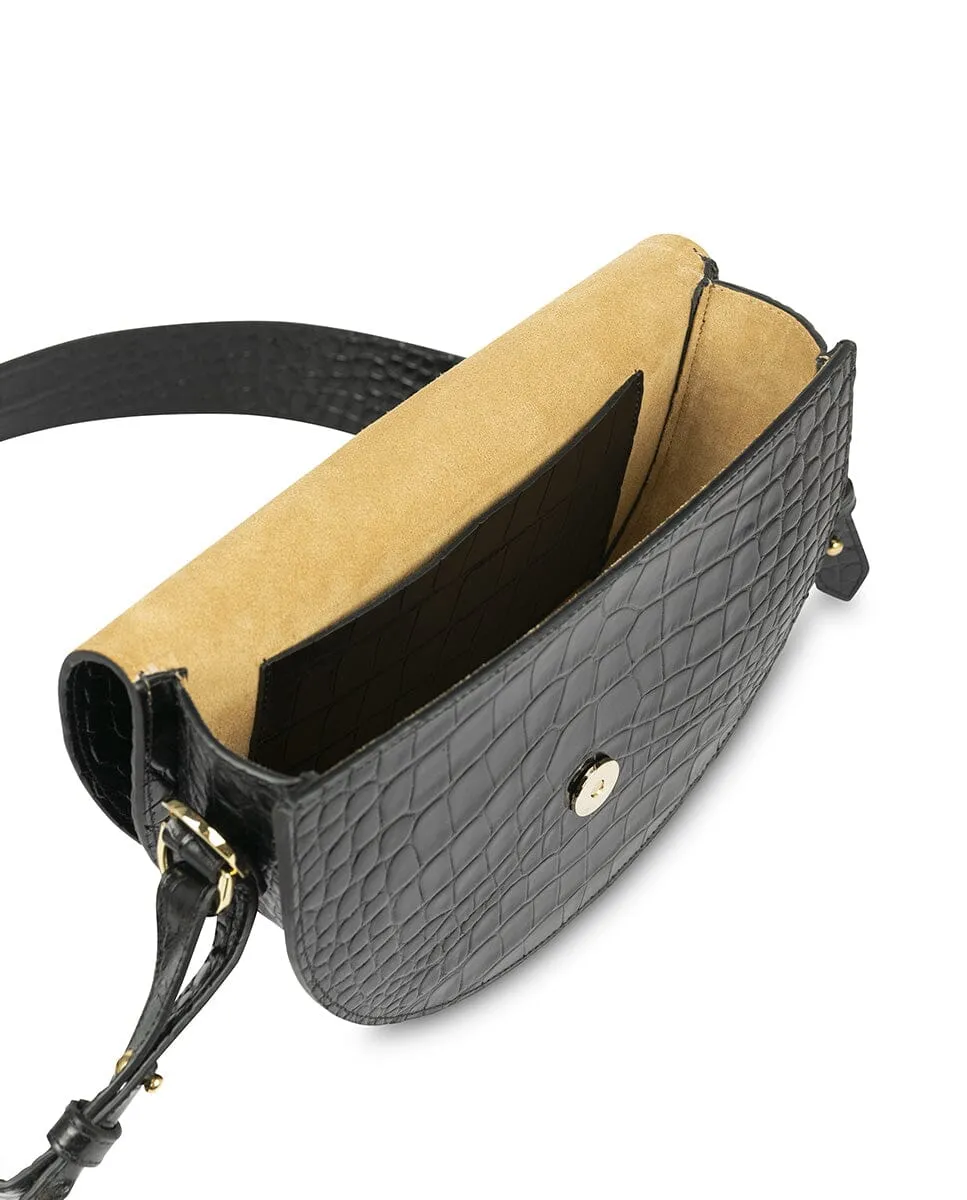 Crocodile print Leather saddle bag - Black