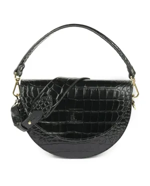 Crocodile print Leather saddle bag - Black