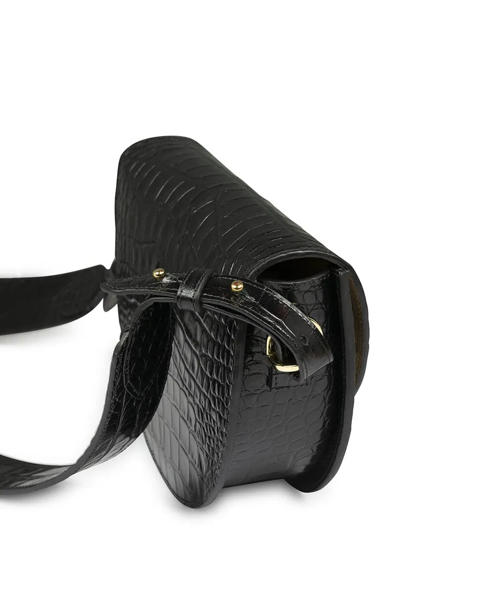 Crocodile print Leather saddle bag - Black