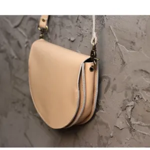 Cute Beige LEATHER Saddle SHOULDER Bag WOMEN Small Saddle Crossbody Purse FOR WOMEN