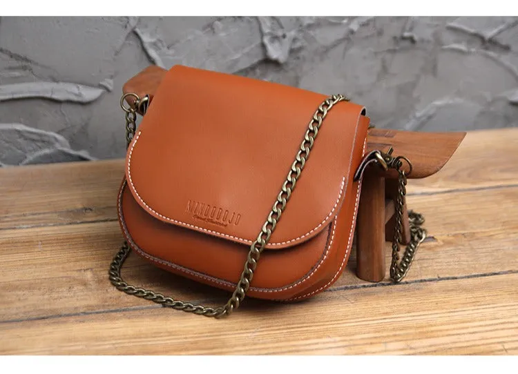 Cute Brown LEATHER Flip Chain Side Bag Handmade WOMEN Saddle Phone Crossbody BAG Purse FOR WOMEN