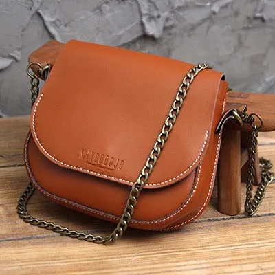 Cute Brown LEATHER Flip Chain Side Bag Handmade WOMEN Saddle Phone Crossbody BAG Purse FOR WOMEN
