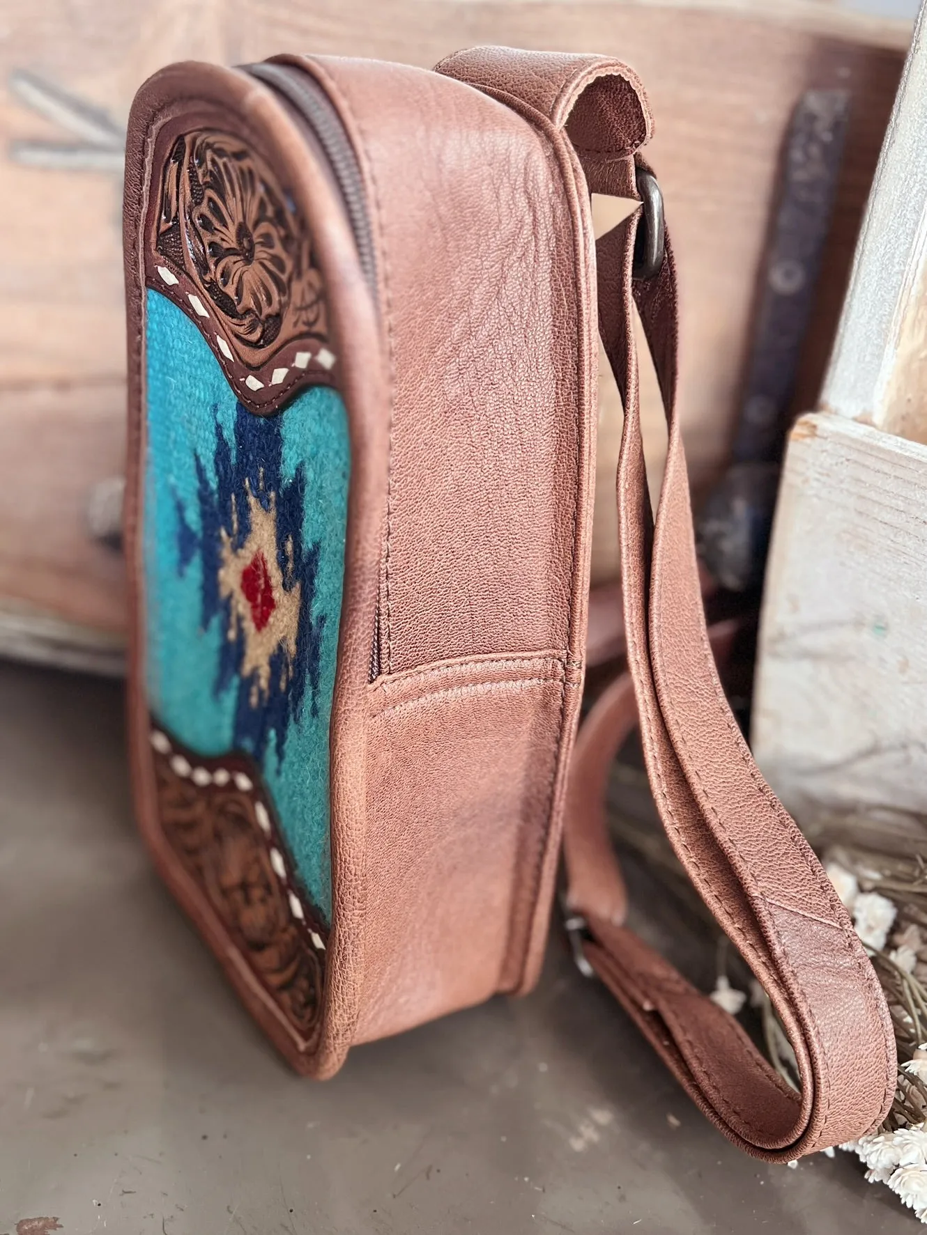 Darling Tooled Leather and Saddle Blanket Sling Bag - 2 Colors