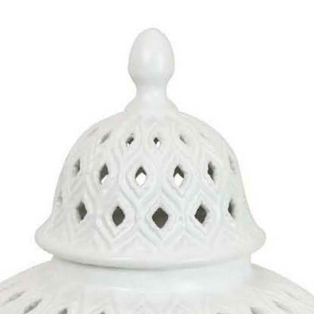 Deni 18 Inch Temple Jar, Pierced, Carved Lattice Design, Lid, White By Casagear Home