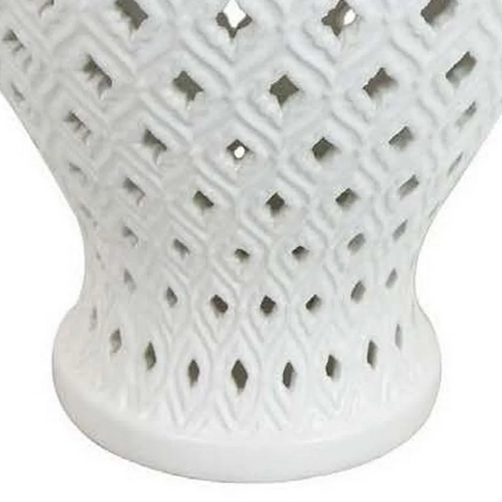Deni 18 Inch Temple Jar, Pierced, Carved Lattice Design, Lid, White By Casagear Home