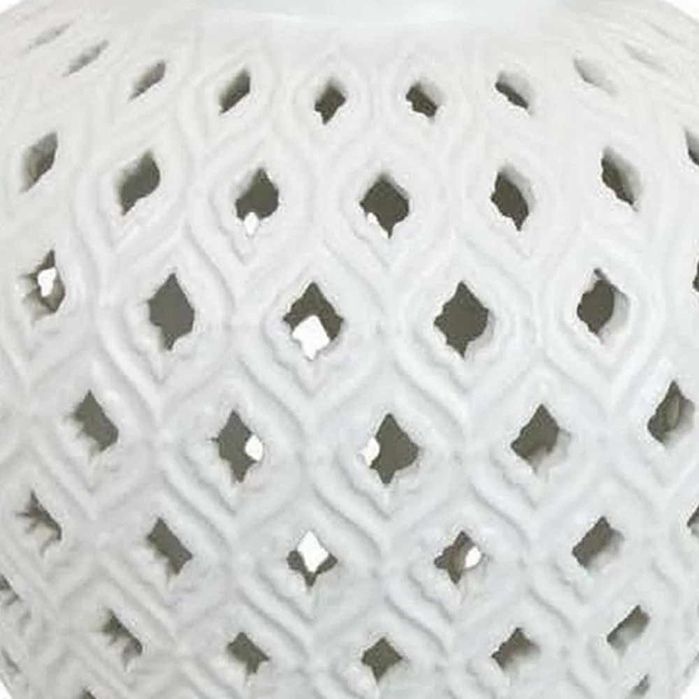 Deni 18 Inch Temple Jar, Pierced, Carved Lattice Design, Lid, White By Casagear Home