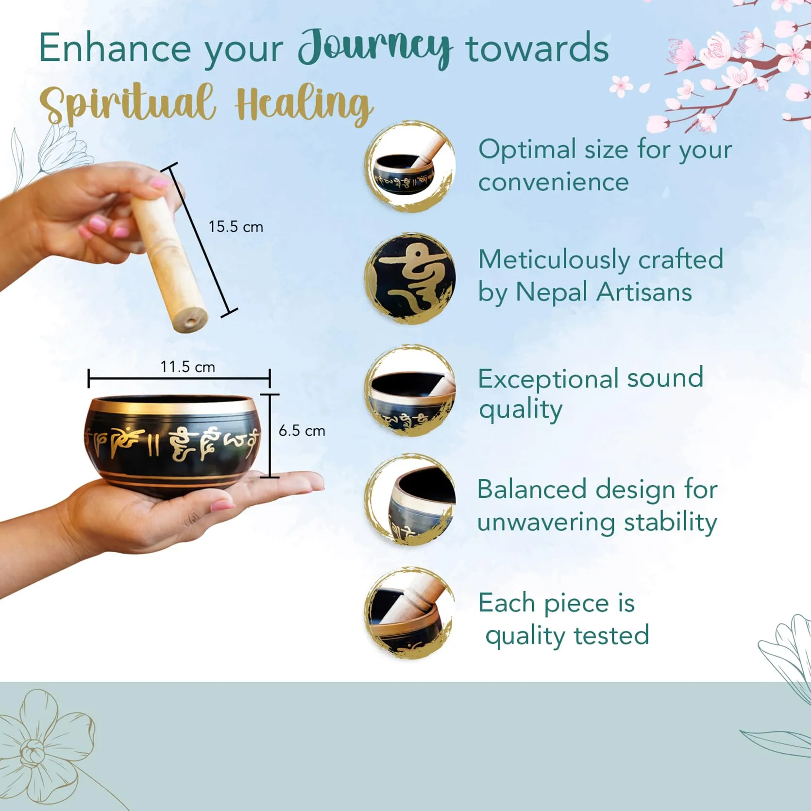 Ekhasa 100% Pure Bronze Handmade Tibetan Meditation Singing Bowl (4.5 inch) | Authentic Sound Bowl Meditation Set for Deep OM Sound | Tibetan Sound Healing Bowls are Perfect Spiritual, Yoga Gifts