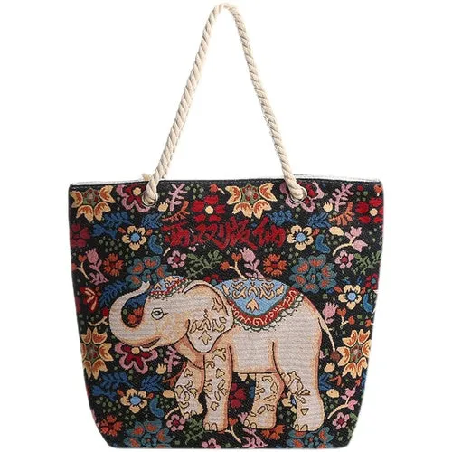 Ethno-style black flower elephant double-sided jacquard embroidery with gold wire canvas chain tote shoulder bag