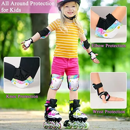 FIODAY Knee Pads for Kids Unicorn Knee Elbow Pads Wrist Guards with Drawstring Bag Adjustable Protective Gear Set for Girls Boys Inline Skating Bike Cycling Skateboard Scooter, 3-8 Years, Rainbow