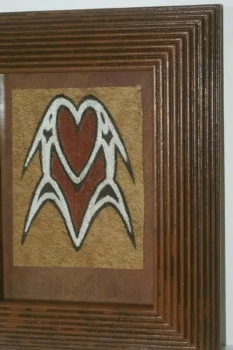 FRAMED Sentani Tapa Bark Cloth from Papua New Guinea. Handpainted with Natural Pigments by Tribal Artist: Stylized Abstract Dancing Fish Motif 10.25" x 8.25" (DFBA10)
