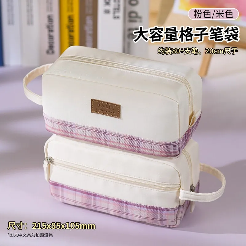 GRAY Extra Large PLAID XL Angoo Canvas Pen Case Pencil Case Stationery Case Storage Case Travel Case Up to 80 Items | 215 x 85 x 105mm